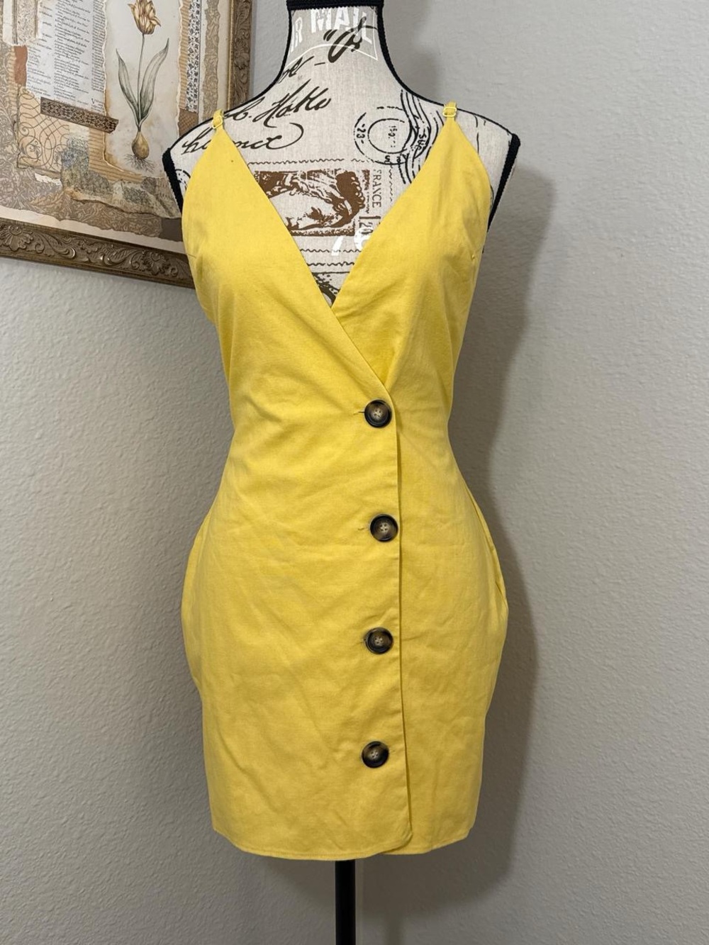 REVOLVE superdown Linen Blend Tie Waist Button Front Yellow Mini Dress Sz Small